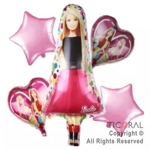 SET DE GLOBOS METALIZADO BARBIE CORAZONES 5 UNIDADES X 1